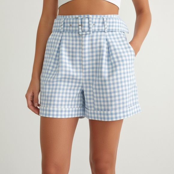 High Waist Checkered Women's Shorts baby blue - Picture 1 of 7